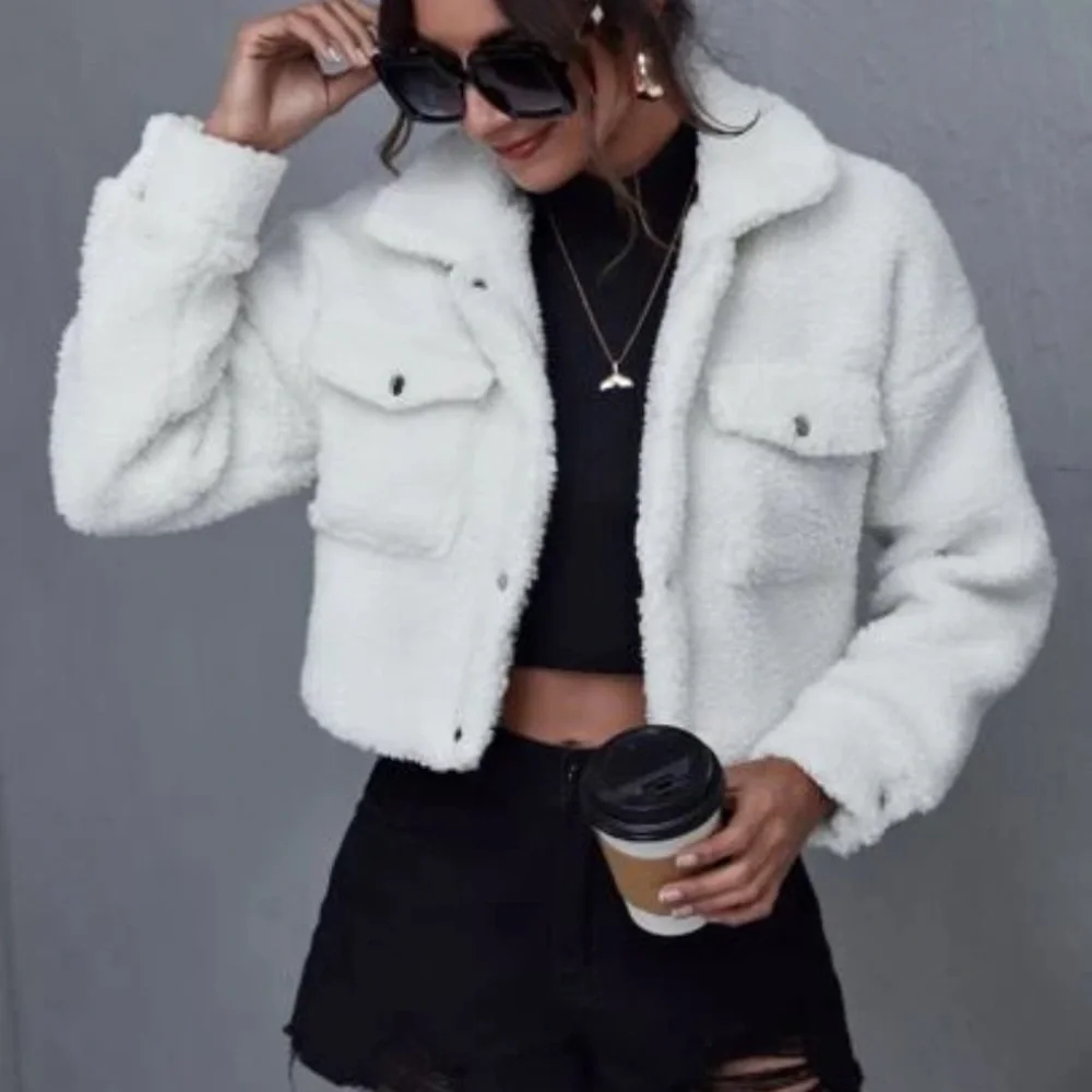 Shein Cream Double Flap Drop Shoulder Cropped Button Up Teddy Jacket XS - Picture 3 of 9